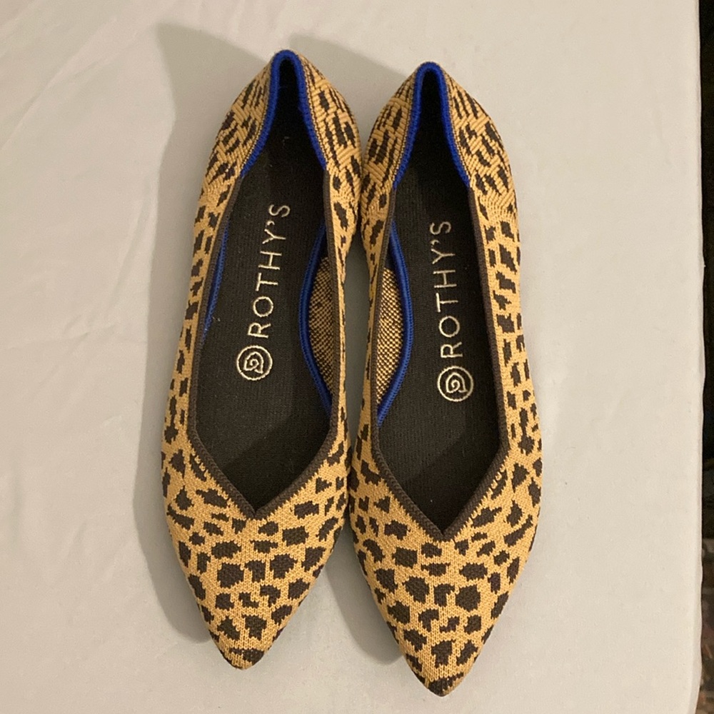 Rothy's Leopard Print Pointed Toe Flats in Tan and Black with Blue Trim